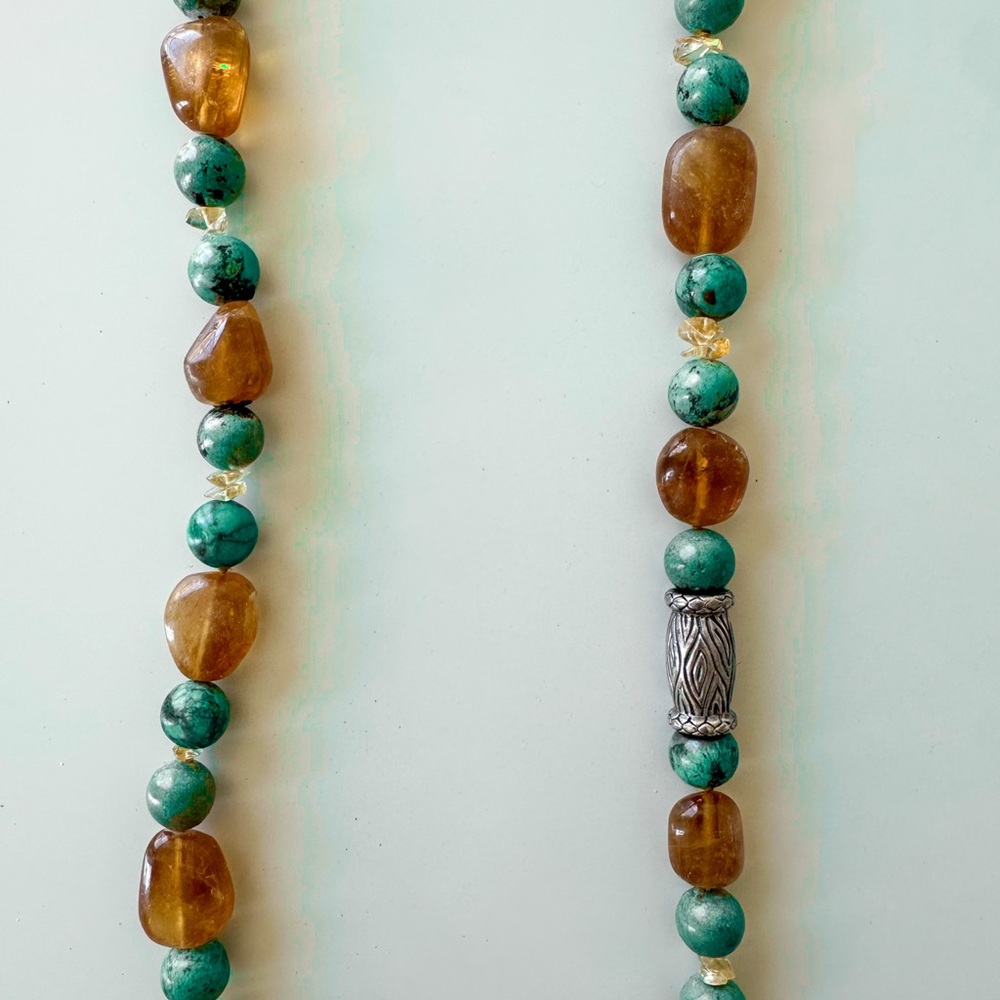 Hubei turquoise and amber beaded necklace & sterling silver clasp